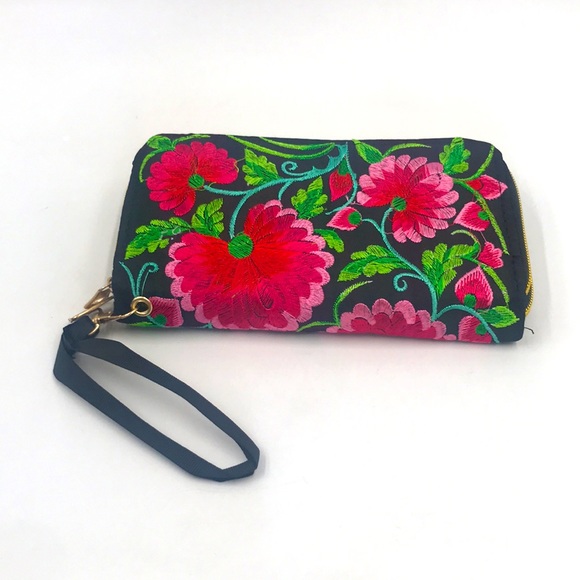 Imported Embroidered Floral Flap Wallet Wristlet - Picture 3 of 10
